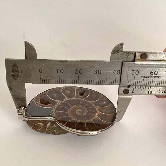 Large Brown Iridescent Ammonite Spiral Fossil Sterling Silver Pendant 2in Long - Picture 8 of 10